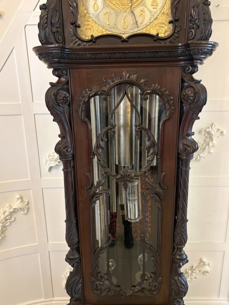 Antique Exhibition Quality Carved Mahogany Nine Tube Chiming Longcase Clock - Image 21